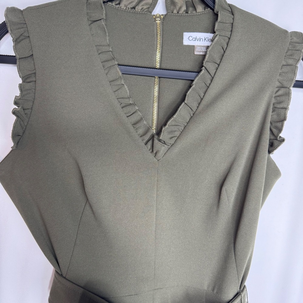 Calvin Klein Olive Green Ruffle V Neck Wide Leg Jumpsuit Sz 6 Holiday Workwear - Picture 4 of 9